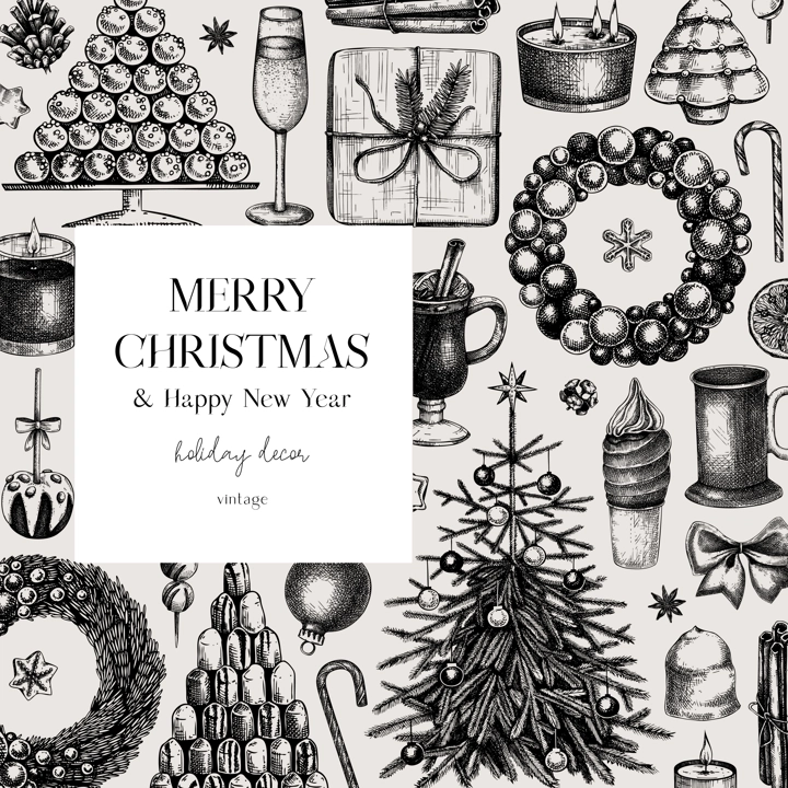 Christmas card design. Hand drawn vector illustration. Winter holiday background. Christmas tree decoration, Christmas wreath, hot dinks, sweets and gift sketches. Vintage template